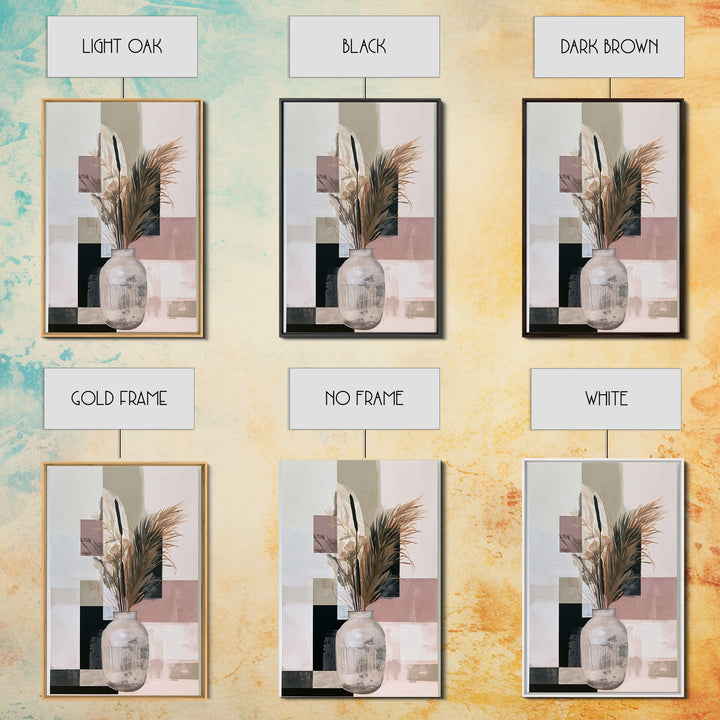 Ceramic Vase with Dried Grasses Framed Canvas Print, Scandinavian Art, Abstract Art, Living Room Decor, Oil Painting, Nordic, SCA-2x3-21