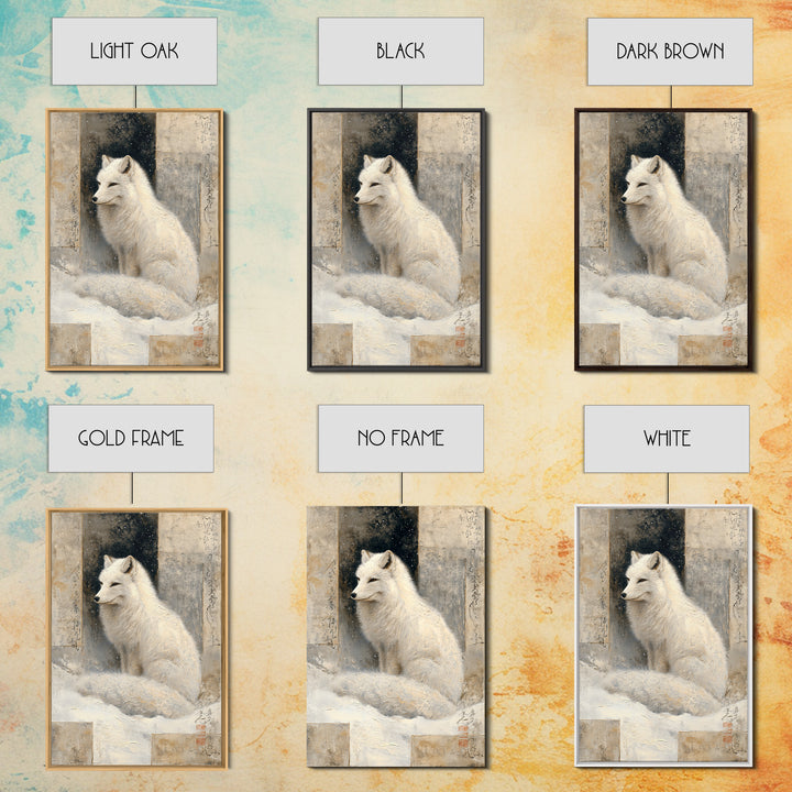 White Fox in Quiet Snow Framed Canvas Print, Scandinavian Art, Abstract Painting, Living Room Decor, Fine Art, Nordic, SCA-2x3-68
