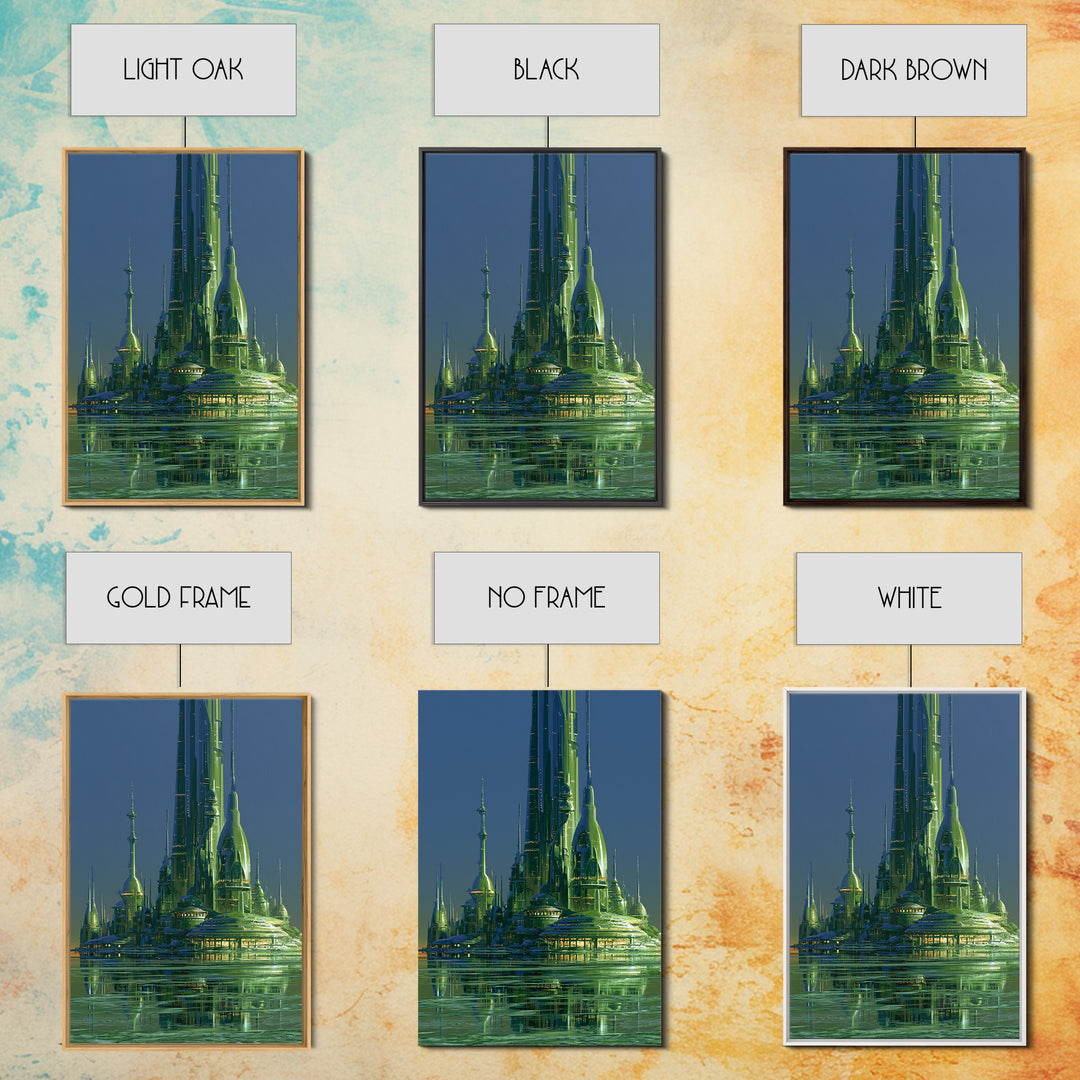Terraforming Towers on a Silent Planet Framed Canvas Print, Scifi Art, Retro Wall Art, Living Room Decor, Oil Painting, Orbit, SCI-2x3-20