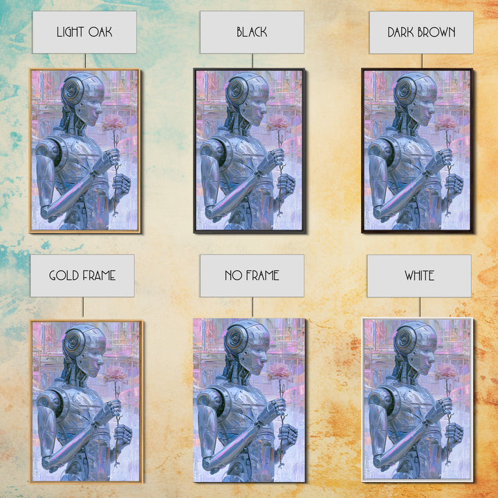Silver Android Holding a Flower Framed Canvas Print, Scifi Art, Poster, Living Room Decor, Fine Art, Orbit, Retro Wall Art, SCI-2x3-46