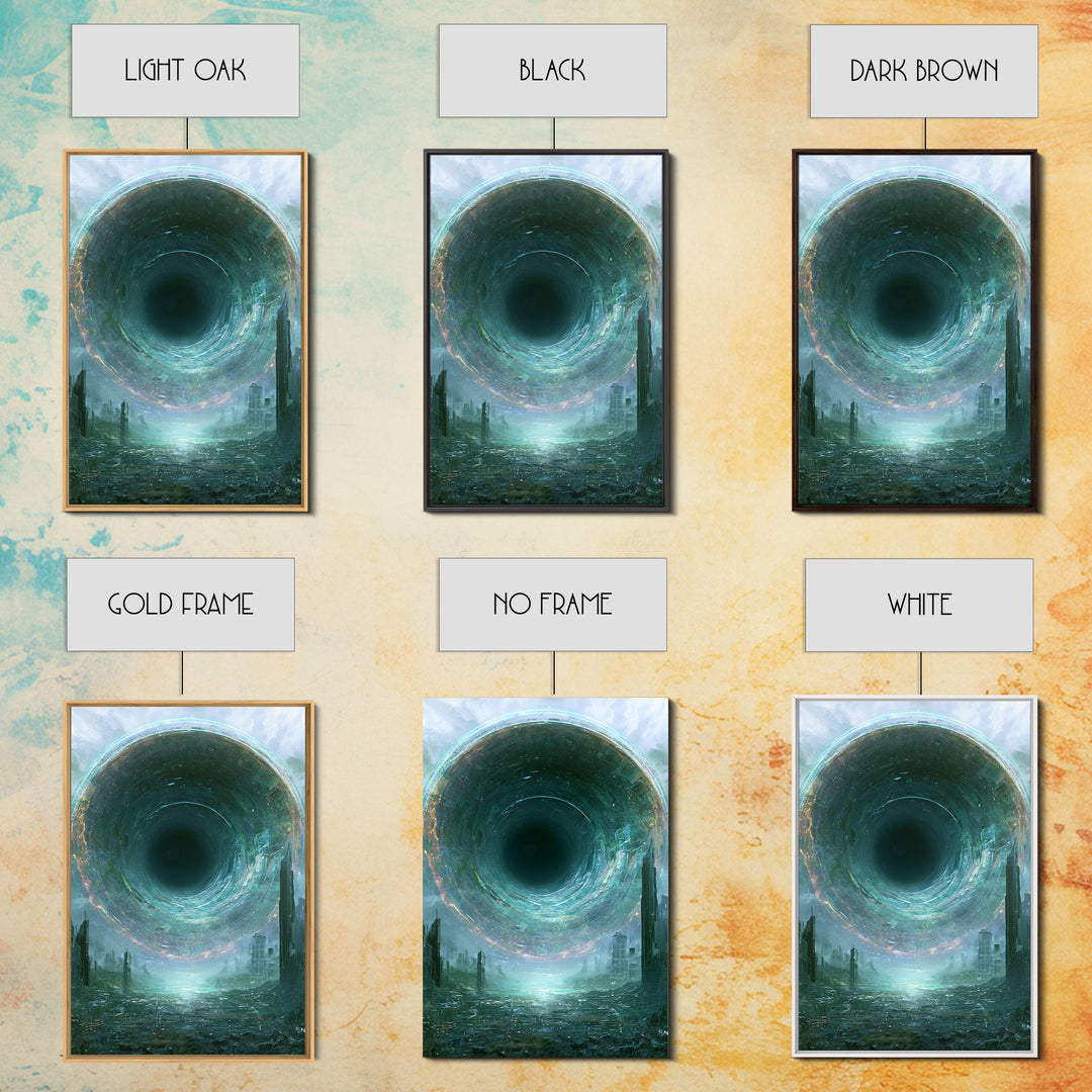 Wormhole Opening over Barren Landscape Framed Canvas Print, Scifi Art, Mid Century Art, Living Room Decor, Fine Art, Orbit, SCI-2x3-73