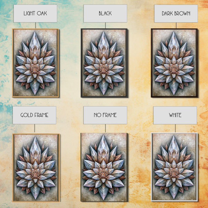 Crystal Lotus Arrangement Framed Canvas Print, Sacred Geometry Art, Boho Wall Decor, Living Room Decor, Fine Art, Geometry, SGA-2x3-28