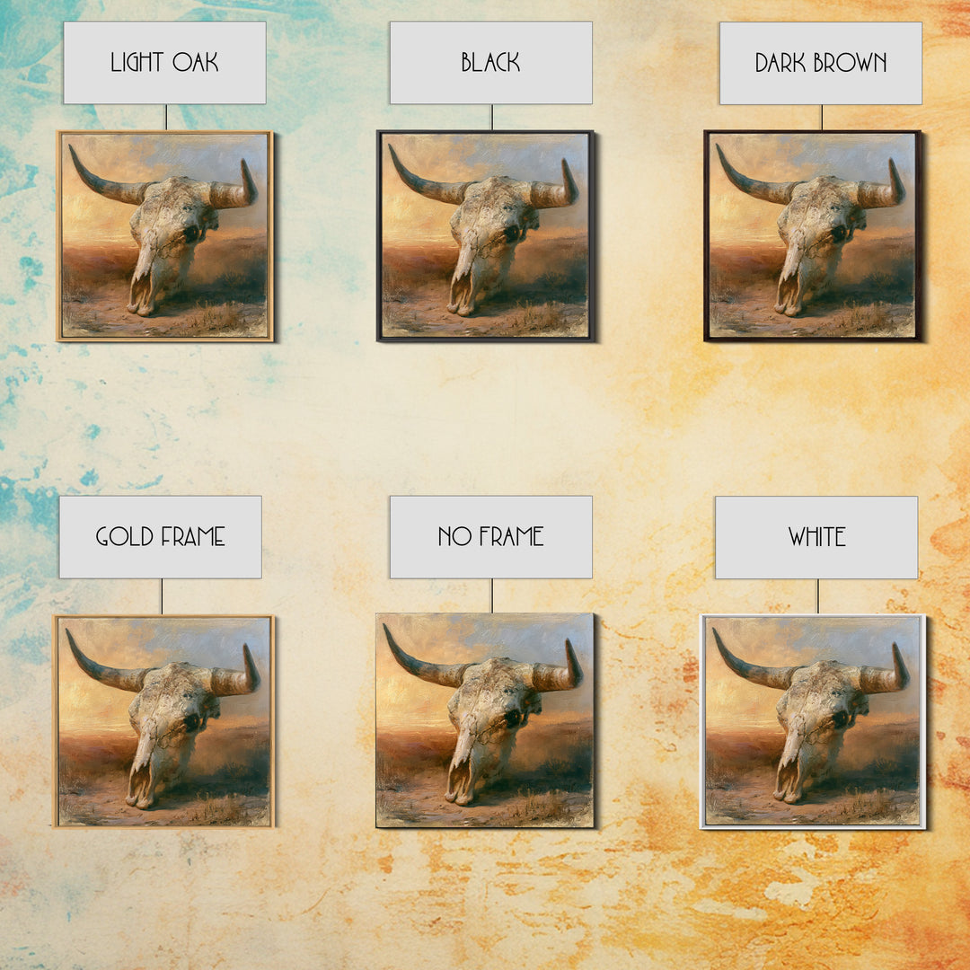 Sun Bleached Longhorn Skull Still Life Framed Canvas Print, Southwestern Art, Southwestern Decor, Abstract Art, Mesa, SOU-1x1-33