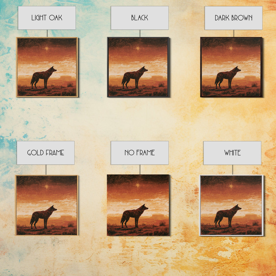 Coyote Silhouette Beneath Starry Sky Framed Canvas Print, Southwestern Art, Neutral Decor, Southwestern Decor, Fine Art, Mesa, SOU-1x1-63