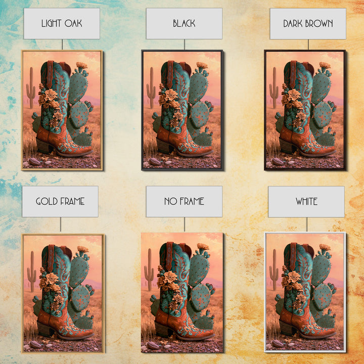 Western Boot with Cactus Blossoms Framed Canvas Print, Southwestern Art, Digital Wall Art, Southwestern Decor, Fine Art, Mesa, SOU-2x3-25