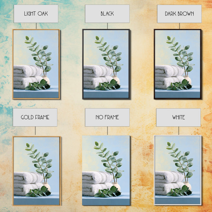 White Towels and Eucalyptus Without Room Context Framed Canvas Print, Spa Art, Spa Decor, Abstract Art, Serenity, SPA-2x3-56