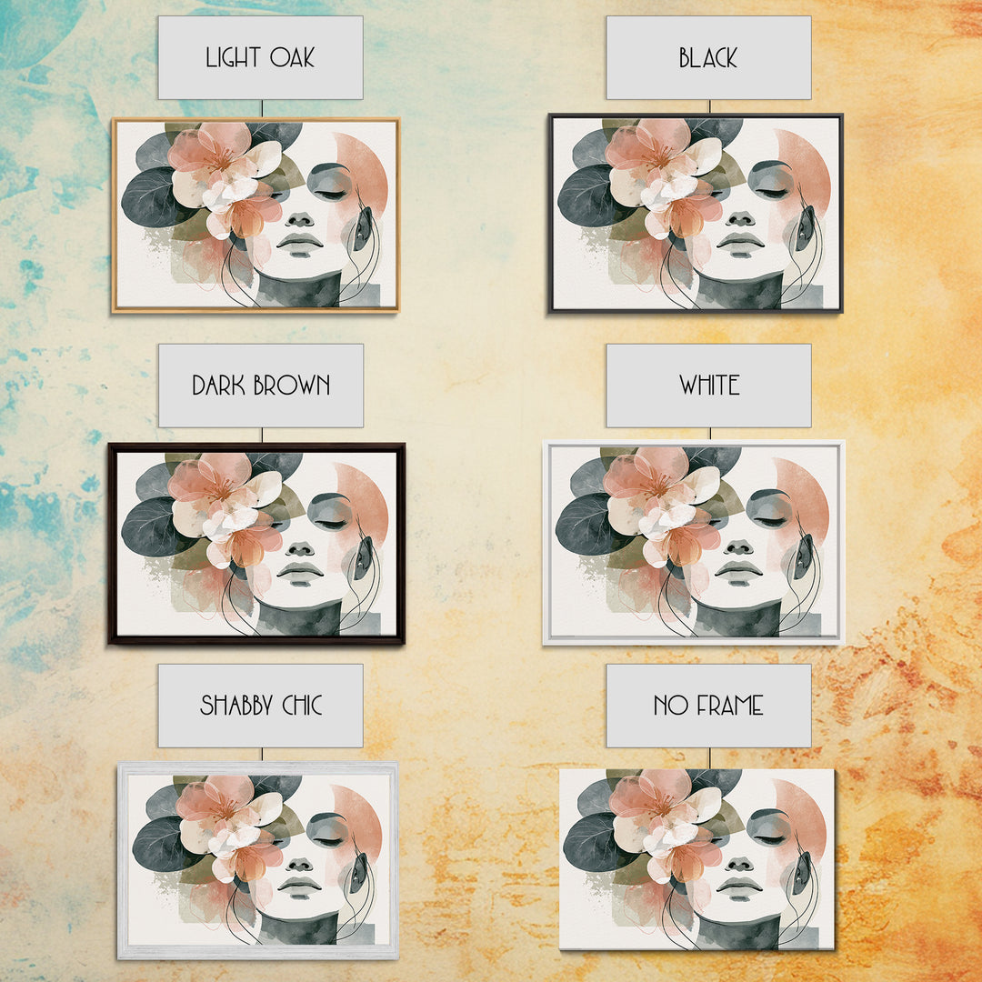 Minimal Face with Closed Eyes and Flowers Framed Canvas Print, Spa Art, Esthetician Decor, Spa Decor, Oil Painting, Serenity, SPA-3x2-23