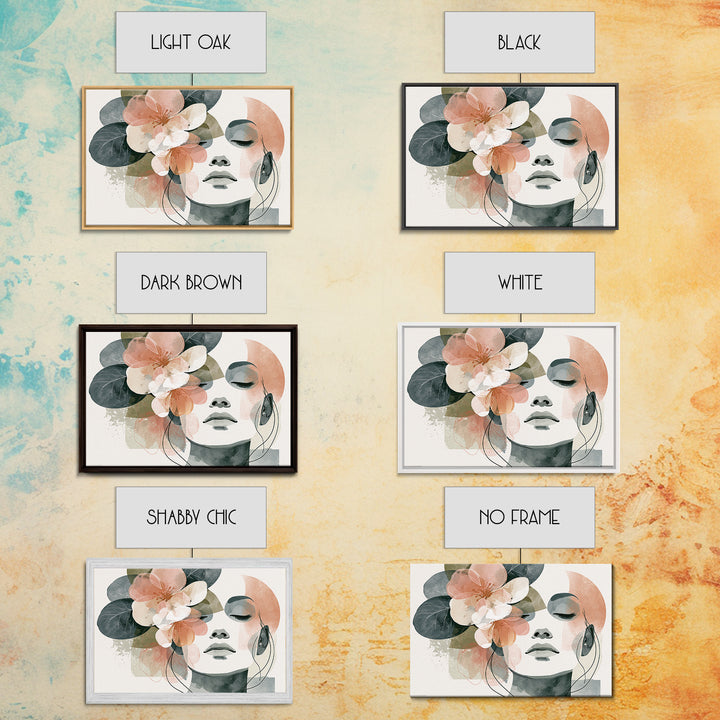 Minimal Face with Closed Eyes and Flowers Framed Canvas Print, Spa Art, Esthetician Decor, Spa Decor, Oil Painting, Serenity, SPA-3x2-23