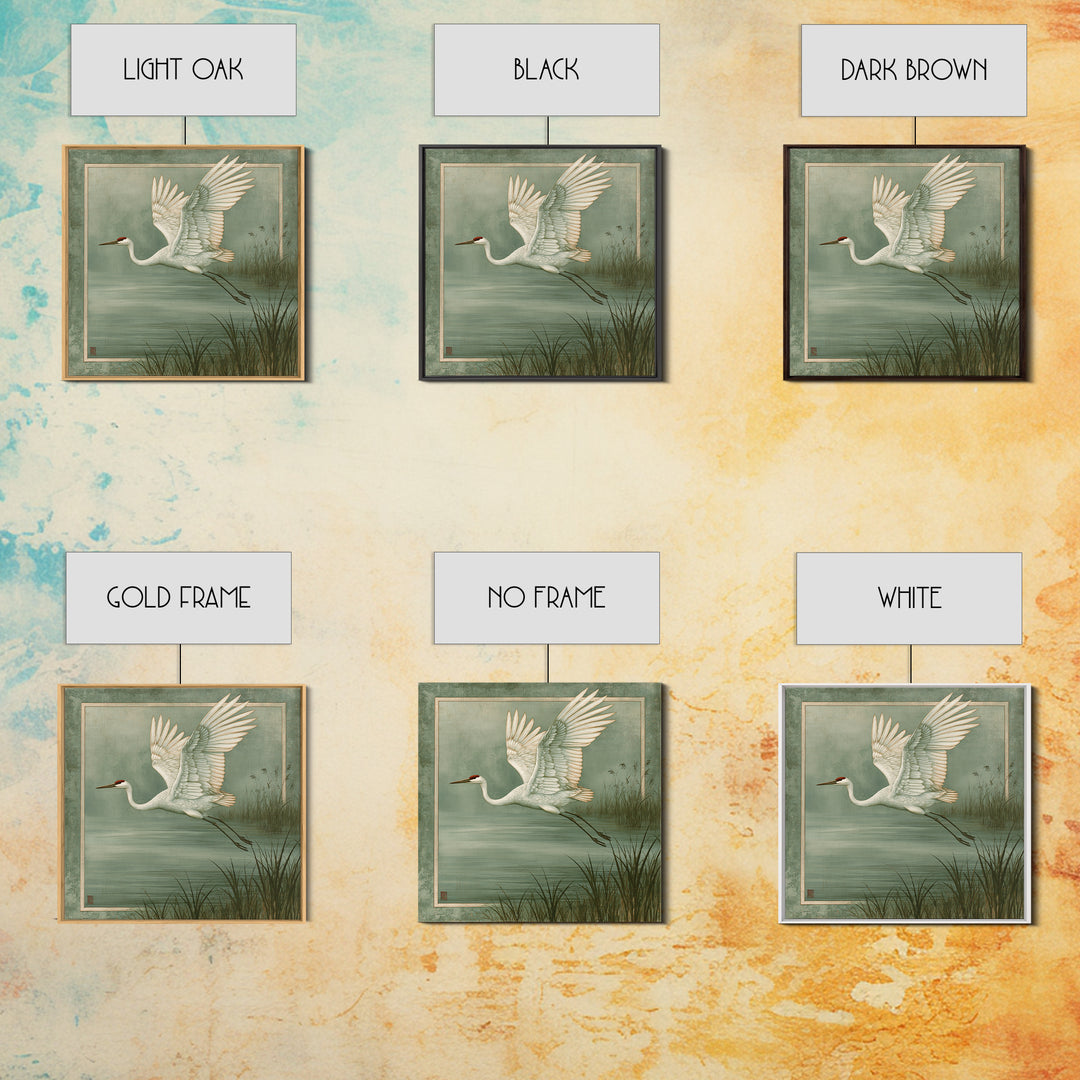 White Crane Flying Framed Canvas Print, Spiritual Art, Room Decor, Living Room Decor, Oil Painting, Spirit, Digital Print, SPI-1x1-48