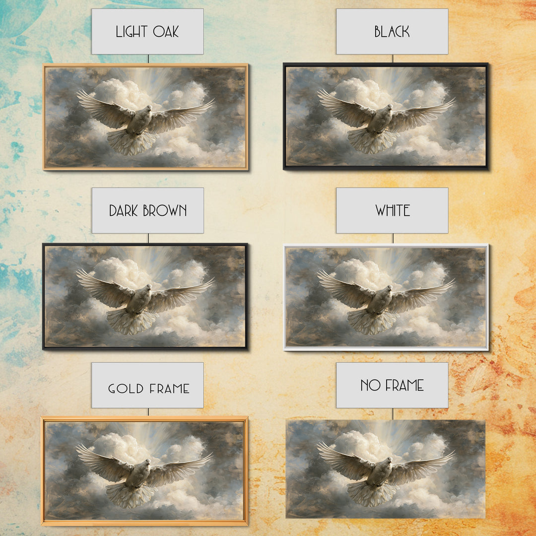 Dove Flying Through Radiant Clouds Framed Canvas Print, Spiritual Art, Modern Decor, Living Room Decor, Fine Art, Spirit, SPI-2x1-97