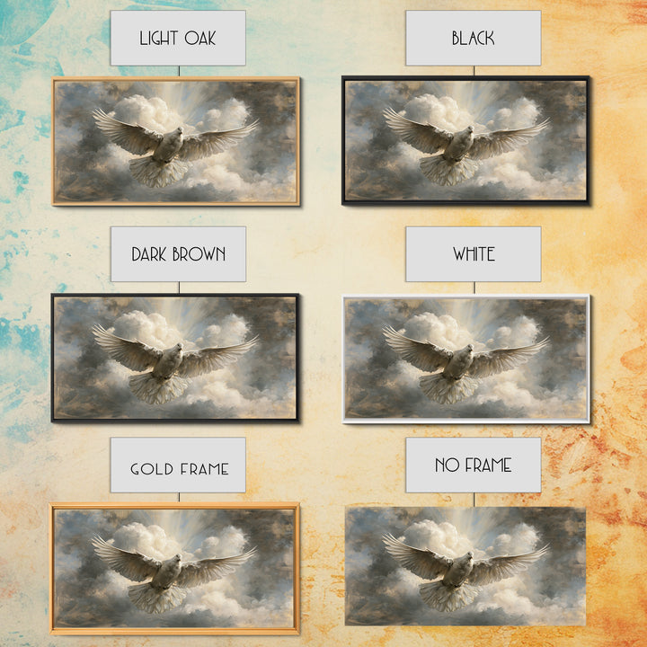 Dove Flying Through Radiant Clouds Framed Canvas Print, Spiritual Art, Modern Decor, Living Room Decor, Fine Art, Spirit, SPI-2x1-97