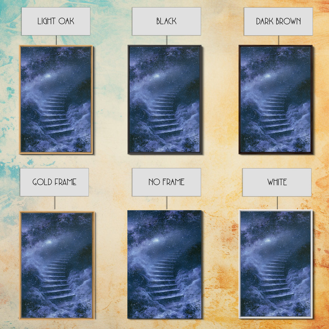 Celestial Staircase Through Clouds Framed Canvas Print, Spiritual Art, African American Art, Living Room Decor, Spirit, SPI-2x3-1