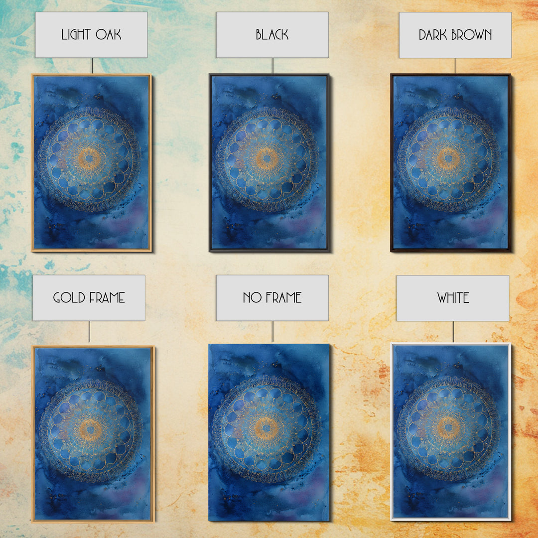 Gold Mandala on Deep Blue Background Framed Canvas Print, Spiritual Art, Digital Prints, Living Room Decor, Watercolor Art, SPI-2x3-36