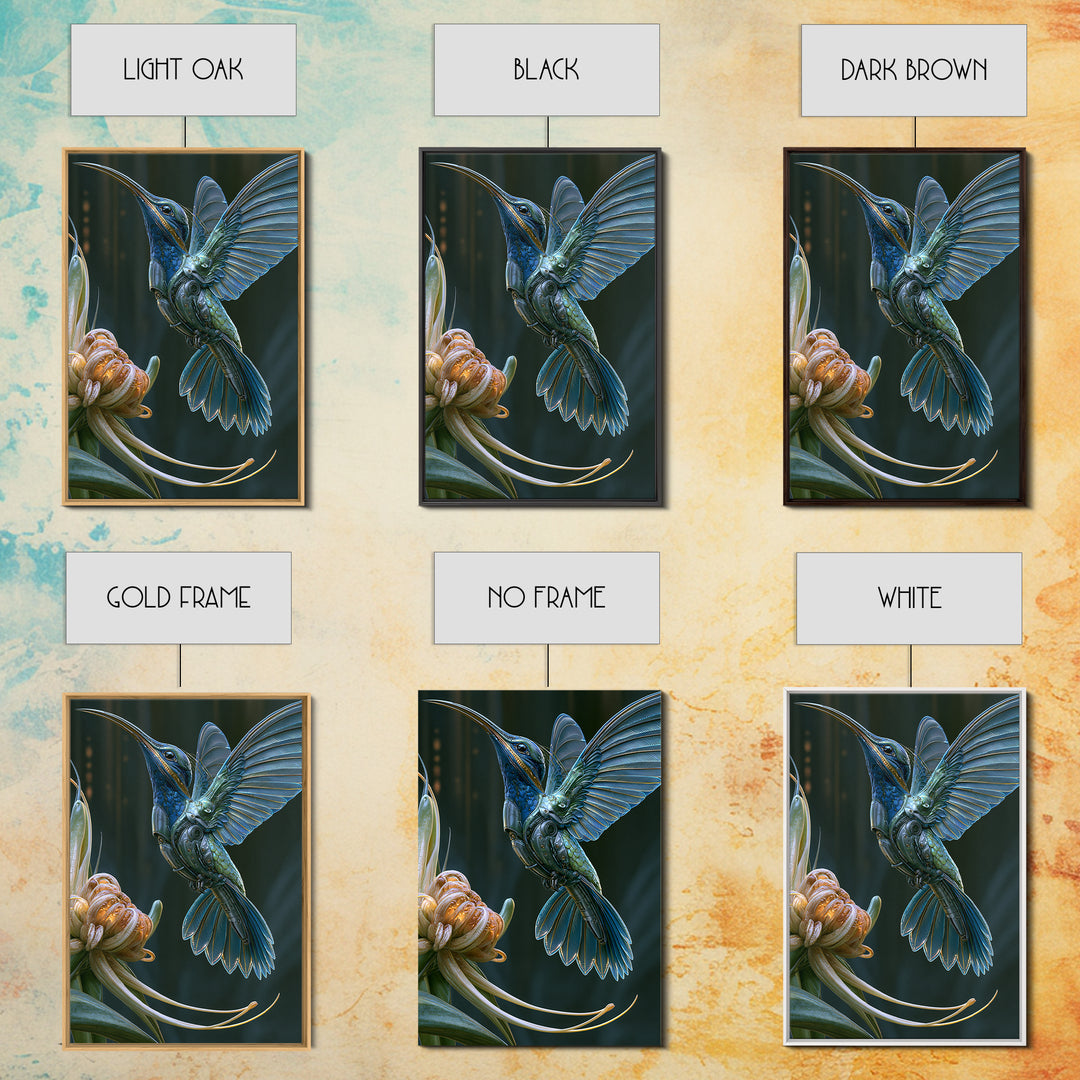 Mechanical Hummingbird Hovering Near Flower Framed Canvas Print, Steampunk Art, Canvas Art, Living Room Decor, Mechanic, STE-2x3-17