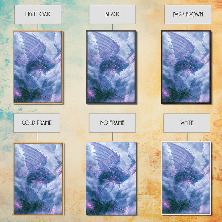 Mechanical Fish Swimming Through Clouds Framed Canvas Print, Steampunk Art, Minimalist Decor, Living Room Decor, Mechanic, STE-2x3-30