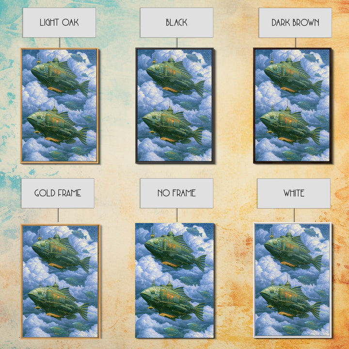Mechanical Fish Swimming Through Clouds Canvas Print, Steampunk Art, Halloween Decor, Living Room Decor, Fine Art, Mechanic, STE-2x3-54