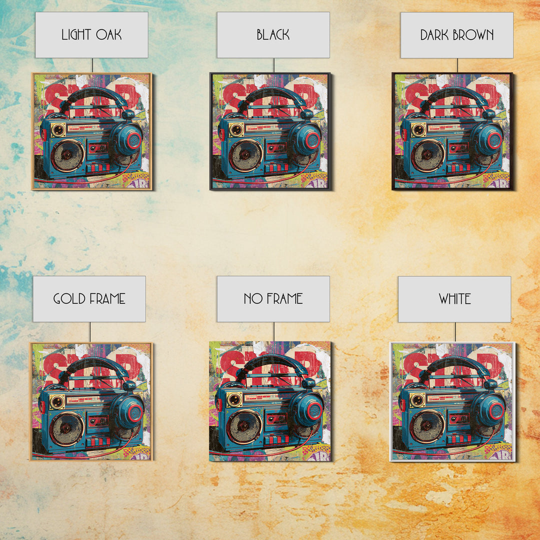Boombox and Headphones Framed Canvas Print, Street Art, Textured Painting, Living Room Decor, Abstract Art, Urban, STR-1x1-33