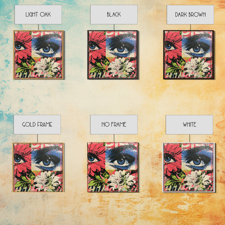 Paste Up Collage of Flowers and Eyes Framed Canvas Print, Street Art, Graffiti Art, Living Room Decor, Fine Art, Urban, STR-1x1-58