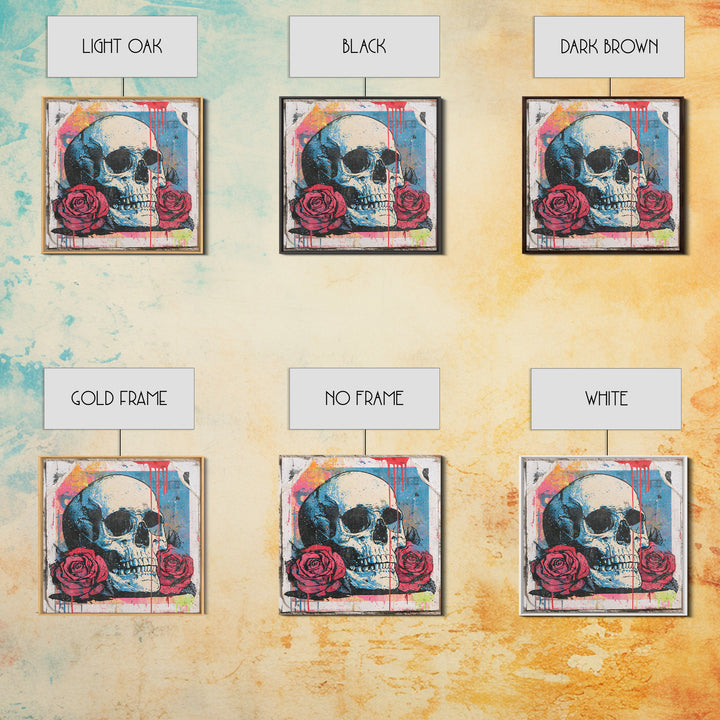 Skull with Roses in Street Mural Style Framed Canvas Print, Street Art, Abstract Painting, Living Room Decor, Fine Art, Urban, STR-1x1-64