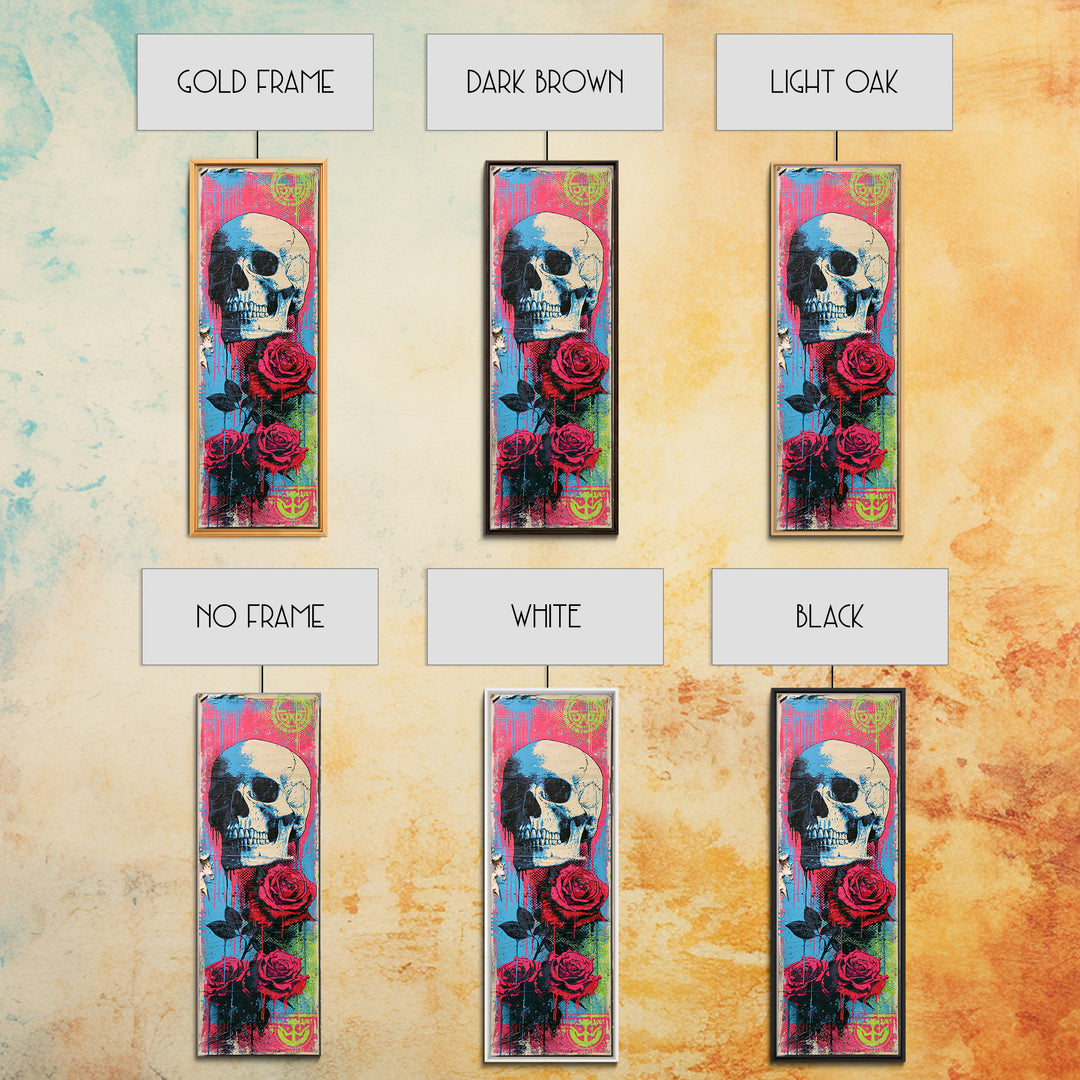 Skull with Roses in Street Mural Style Framed Canvas Print, Street Art, Large Wall Art, Living Room Decor, Fine Art, Urban, STR-1x3-52