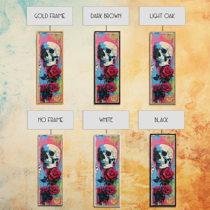 Skull with Roses in Street Mural Style Framed Canvas Print, Street Art, Large Wall Art, Living Room Decor, Fine Art, Urban, STR-1x3-52