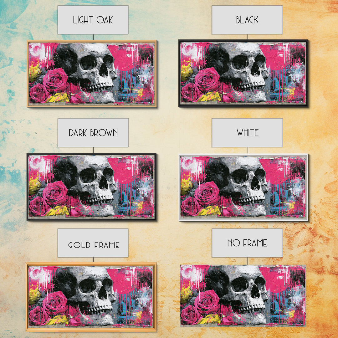 Skull with Roses in Street Mural Style Framed Canvas Print, Street Art, Art Print, Living Room Decor, Fine Art, Urban, STR-2x1-12
