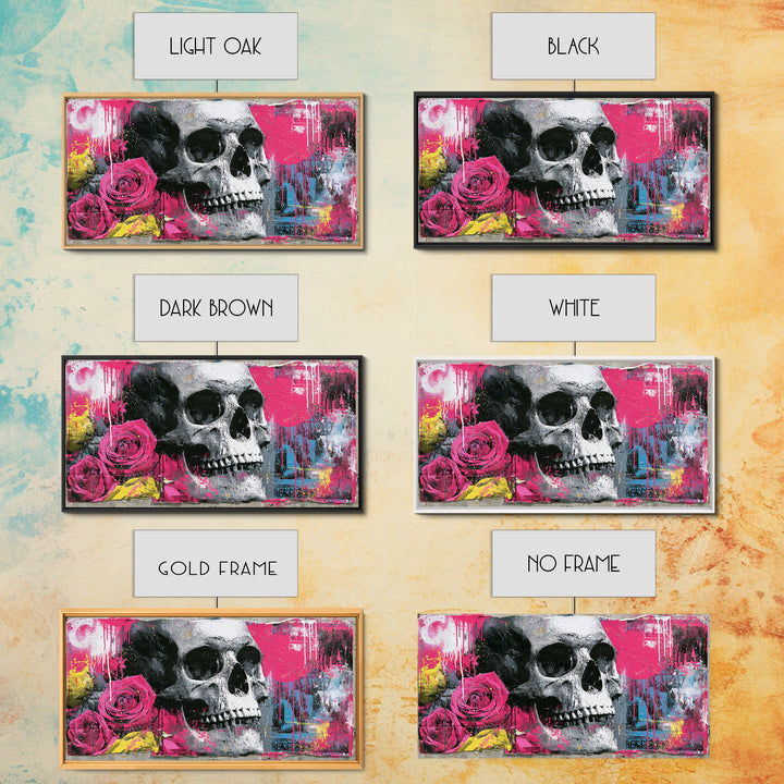 Skull with Roses in Street Mural Style Framed Canvas Print, Street Art, Art Print, Living Room Decor, Fine Art, Urban, STR-2x1-12