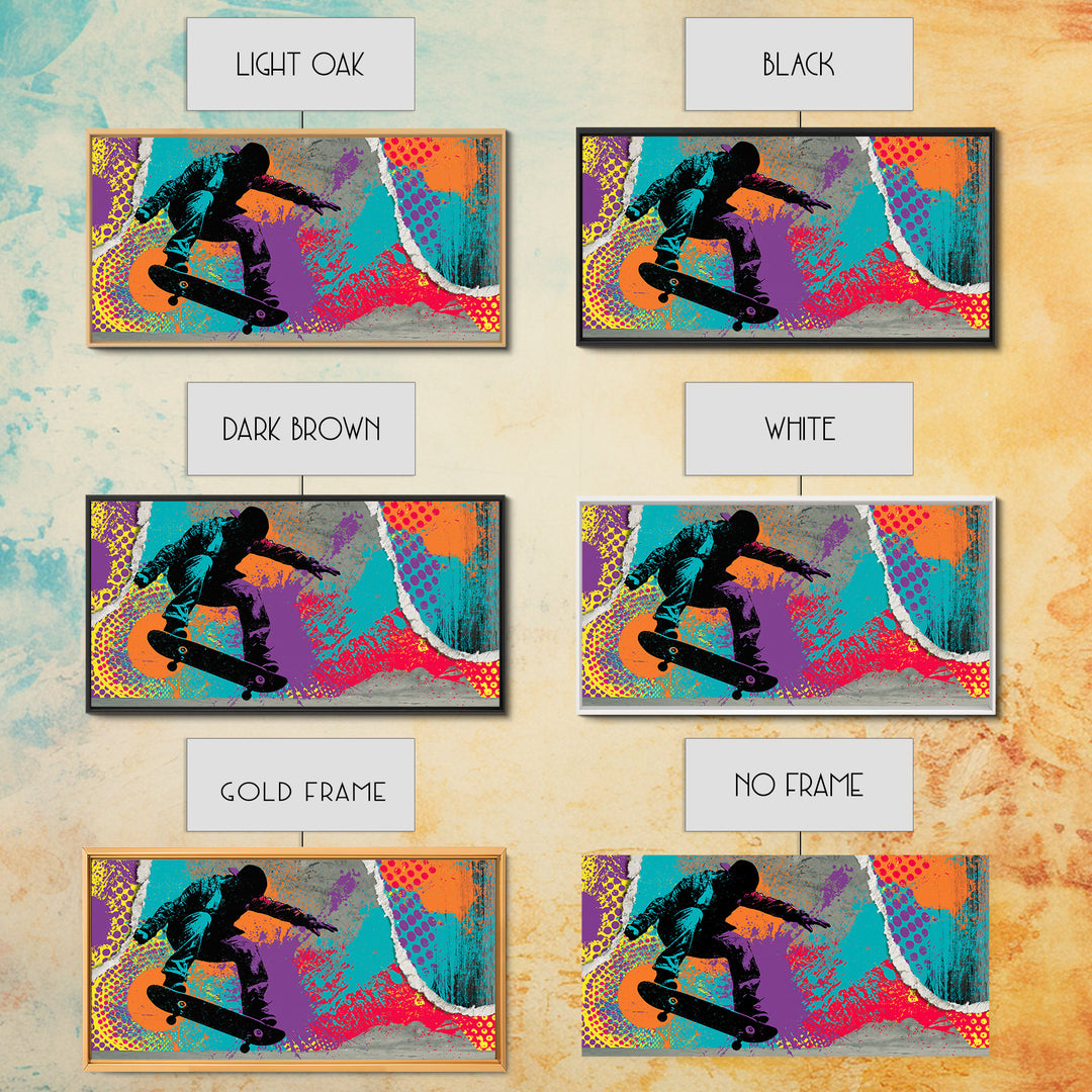 Skateboarder Silhouette over Neon Splashes Framed Canvas Print, Street Art, Neutral Decor, Living Room Decor, Fine Art, Urban, STR-2x1-95