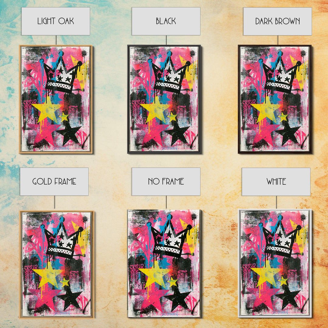 Drippy Crown and Stars Composition Framed Canvas Print, Street Art, Canvas Painting, Living Room Decor, Fine Art, Urban, STR-2x3-28