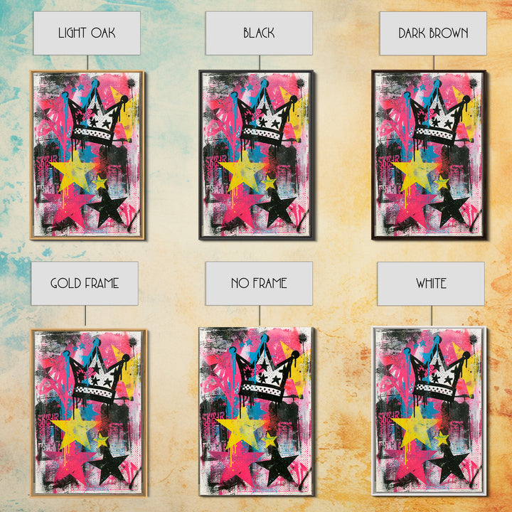 Drippy Crown and Stars Composition Framed Canvas Print, Street Art, Canvas Painting, Living Room Decor, Fine Art, Urban, STR-2x3-28