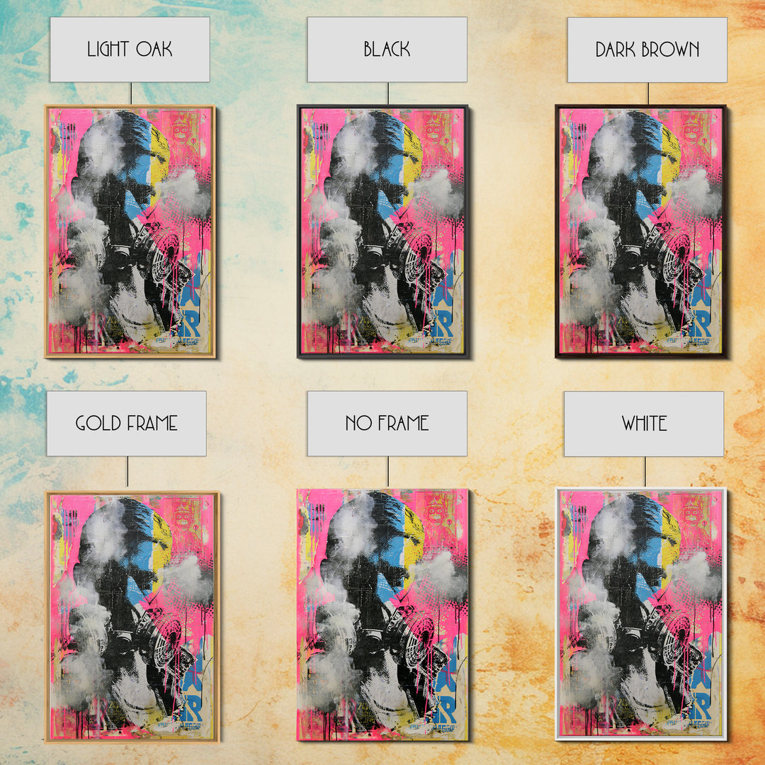 Masked Figure Surrounded by Aerosol Clouds Framed Canvas Print, Street Art, Luxury Decor, Living Room Decor, Fine Art, Urban, STR-2x3-44