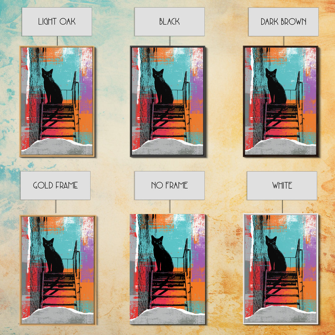 Black Cat on Fire Escape Silhouette Framed Canvas Print, Street Art, Wall Hangings, Living Room Decor, Oil Painting, Urban, STR-2x3-51