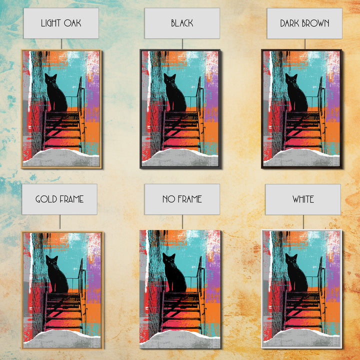 Black Cat on Fire Escape Silhouette Framed Canvas Print, Street Art, Wall Hangings, Living Room Decor, Oil Painting, Urban, STR-2x3-51