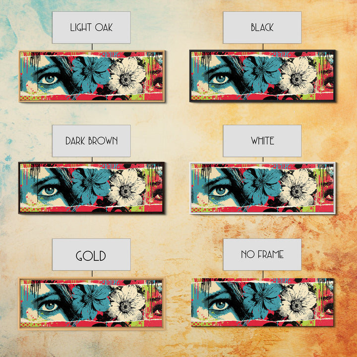 Paste Up Collage of Flowers and Eyes Framed Canvas Print, Street Art, Bar Art, Living Room Decor, Urban, Fine Art Print, STR-3x1-74