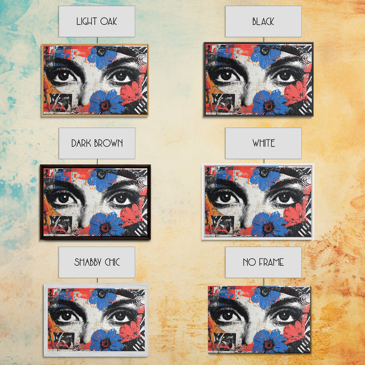Paste Up Collage of Flowers and Eyes Canvas Print, Street Art, Abstract Painting, Living Room Decor, Watercolor Art, Urban, STR-3x2-62