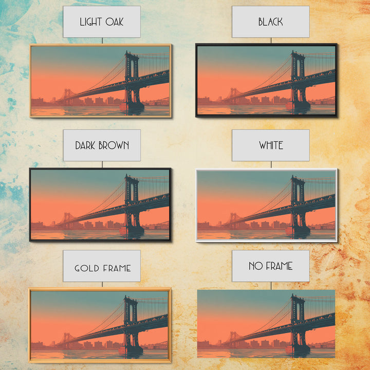 New York Bridge at Sunrise Framed Canvas Print, Travel Poster(2), Minimalist Decor, Living Room Decor, Fine Art, Voyage, TPO-2x1-50