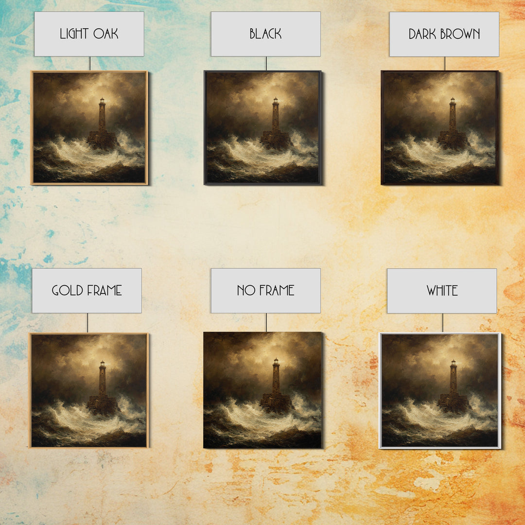 Lighthouse with Crashing Waves Framed Canvas Print, Traditional Art, Neutral Decor, Living Room Decor, Fine Art, Classic, TRA-1x1-21