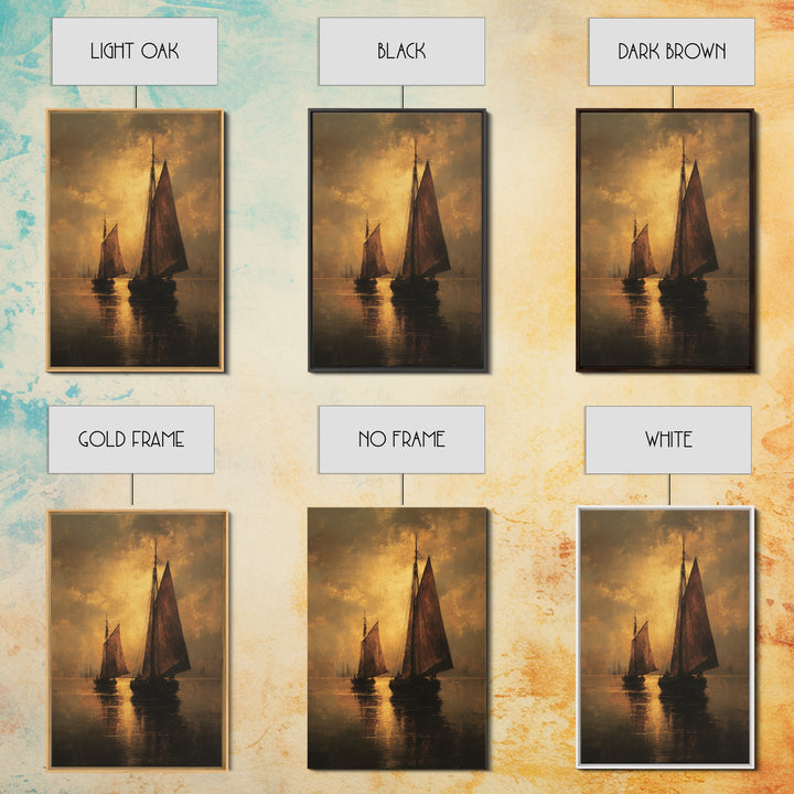 Seascape with Sailboats and Cloudy Sky Framed Canvas Print, Traditional Art, Boho, Living Room Decor, Fine Art, Classic, TRA-2x3-13