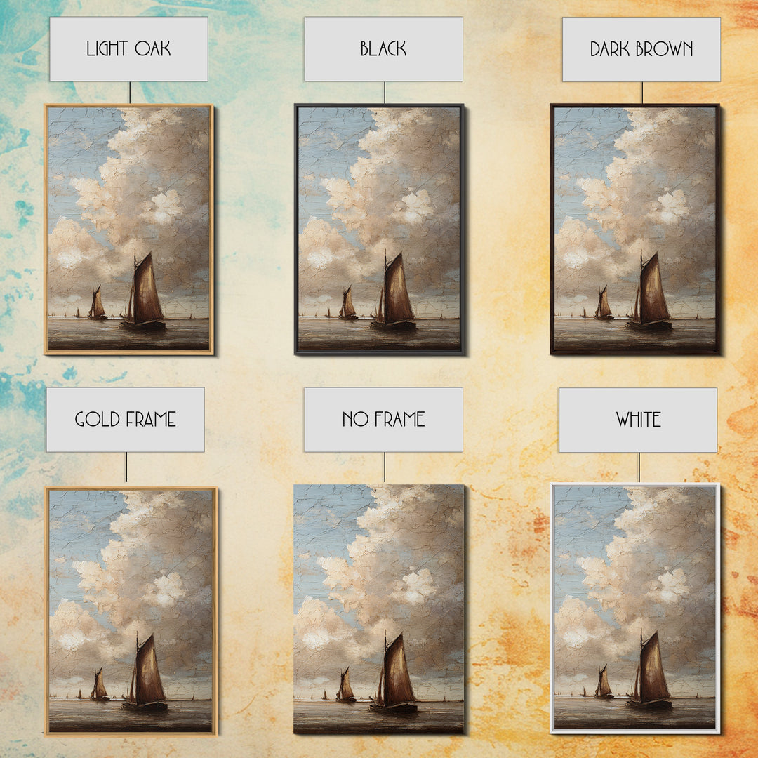 Seascape with Sailboats and Cloudy Sky Framed Canvas Print, Traditional Art, Boho, Living Room Decor, Fine Art, Classic, TRA-2x3-37