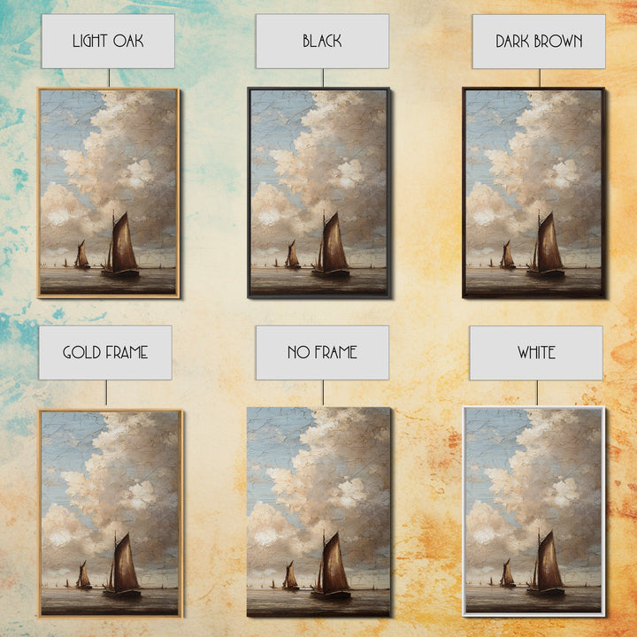 Seascape with Sailboats and Cloudy Sky Framed Canvas Print, Traditional Art, Boho, Living Room Decor, Fine Art, Classic, TRA-2x3-37