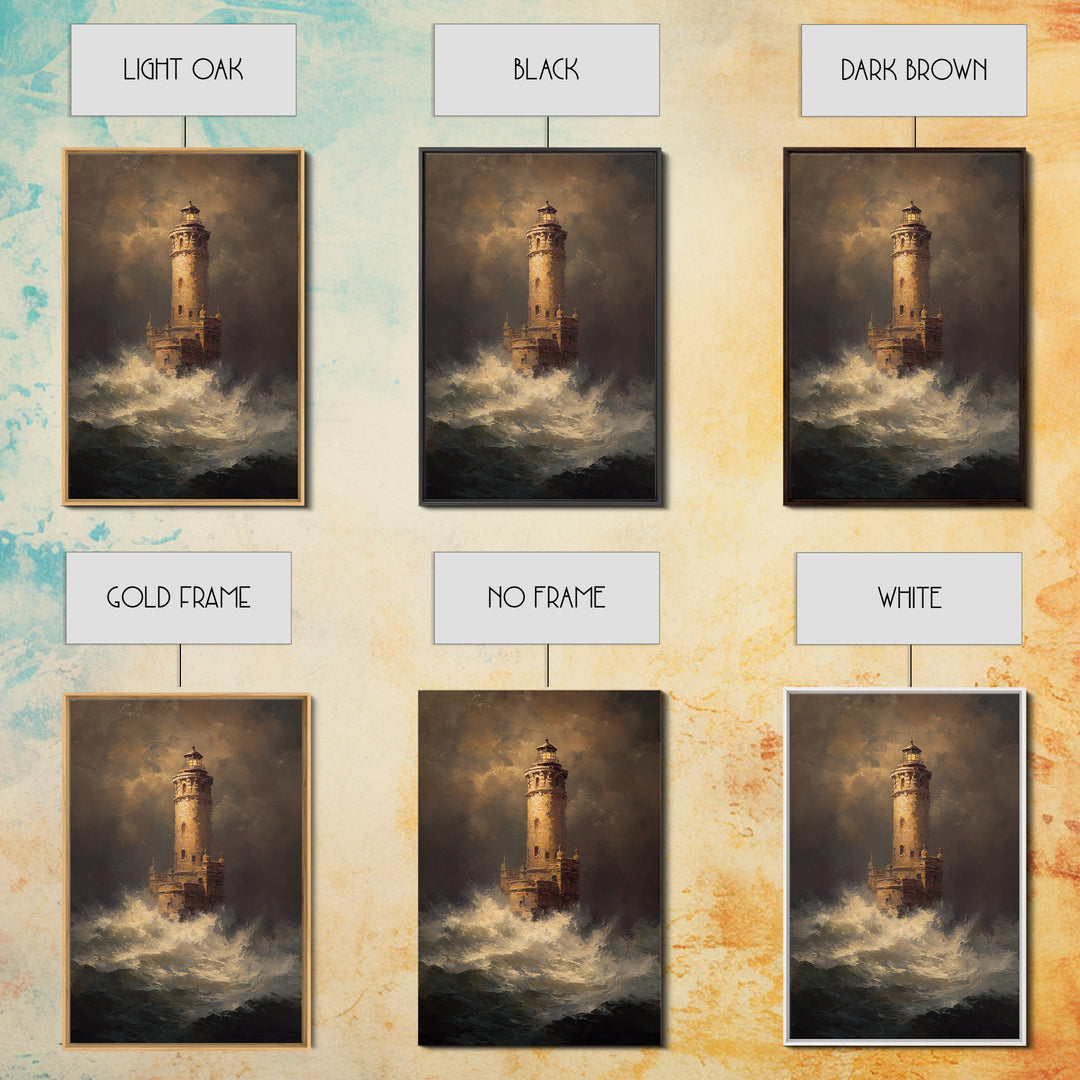 Lighthouse with Crashing Waves Framed Canvas Print, Traditional Art, Digital Print, Living Room Decor, Oil Painting, Classic, TRA-2x3-53