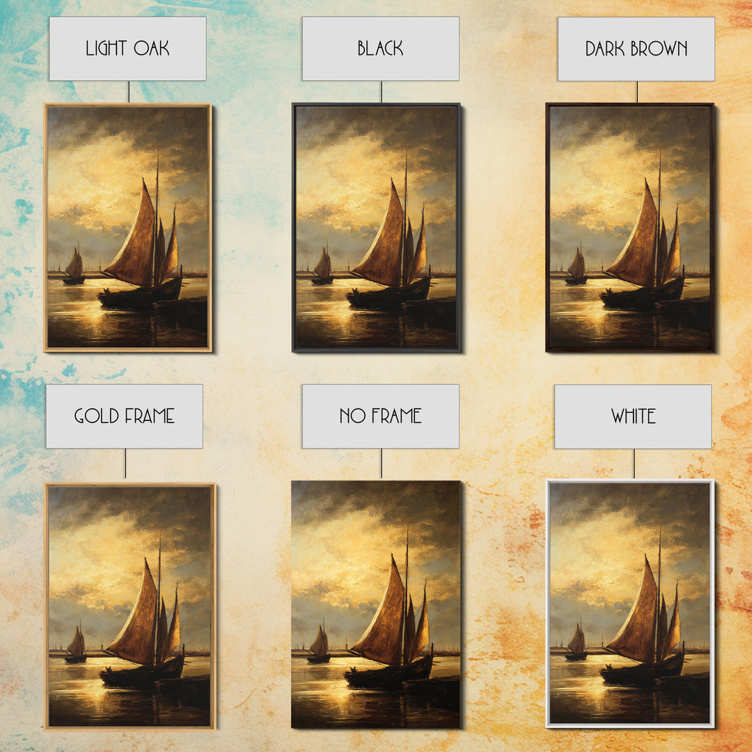 Seascape with Sailboats and Cloudy Sky Framed Canvas Print, Traditional Art, Watercolor Art, Living Room Decor, Classic, TRA-2x3-85