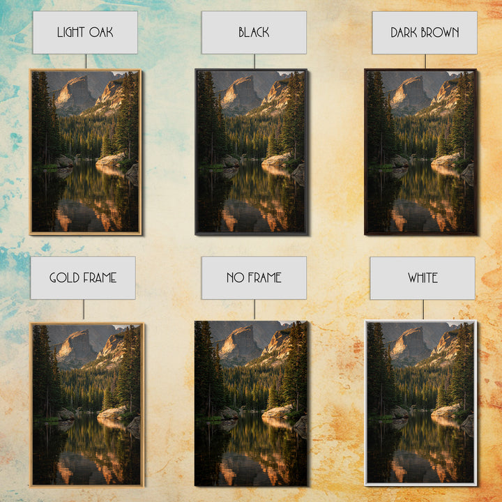 Mountain Lake with Pine Forest Reflection Framed Canvas Print, Traditional Art, Indian Wall Art, Living Room Decor, Classic, TRA-2x3-89