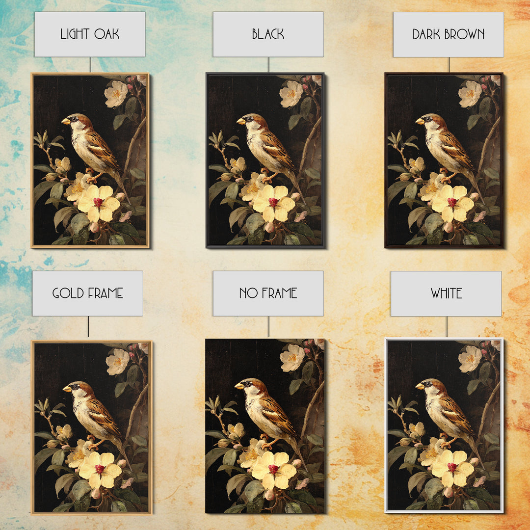 Bird Study on a Flowering Branch Framed Canvas Print, Traditional Art, Artwork, Living Room Decor, Oil Painting, Classic, TRA-2x3-90