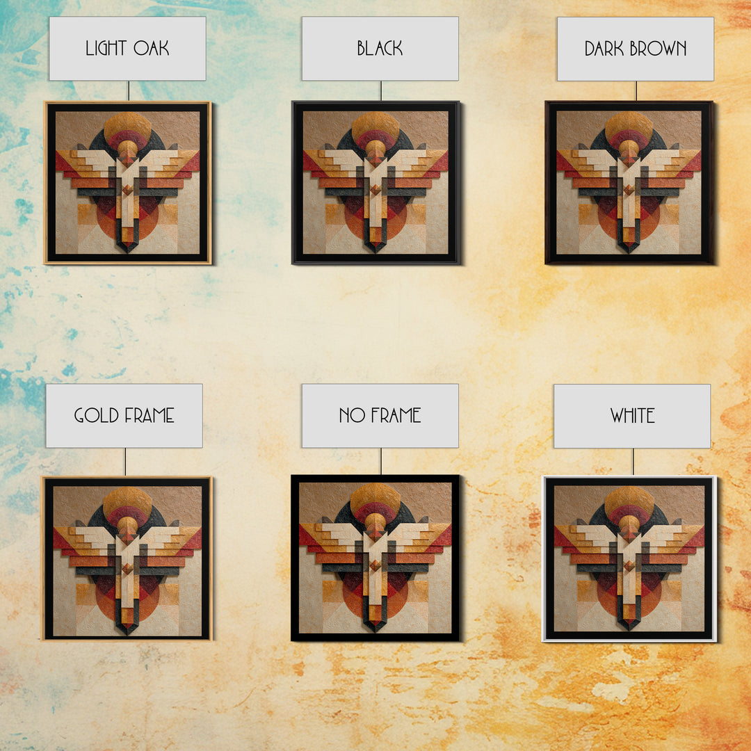 Eagle Totem with Feathers and Geometric Shapes Framed Canvas Print, Tribal Art, Tribal Design, Living Room Decor, Tribal, TRI-1x1-84