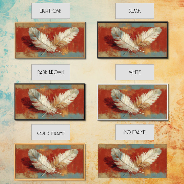 Feather Arrangement with Red Ochre Background Framed Canvas Print, Tribal Art, Living Room Decor, Watercolor Art, Tribal, TRI-2x1-15