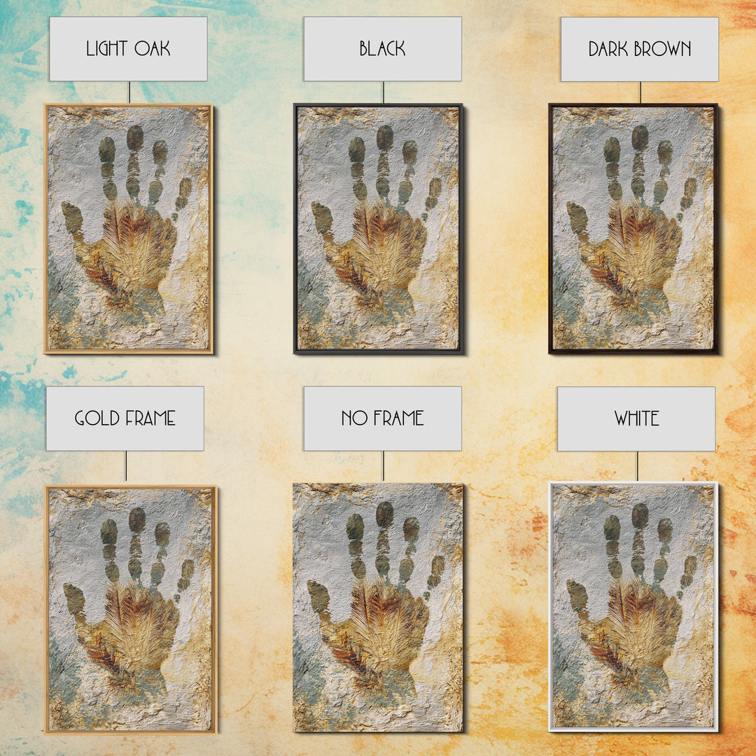 Handprint and Animal Track Composition Framed Canvas Print, Tribal Art, Earthy, Living Room Decor, Fine Art, Tribal, TRI-2x3-97