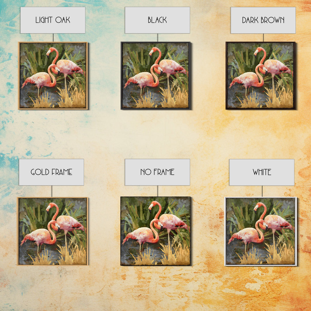 Pink Flamingos Among Tropical Water Plants Framed Canvas Print, Tropical Art, Beach Wall Art, Living Room Decor, Tropic, TRO-1x1-2
