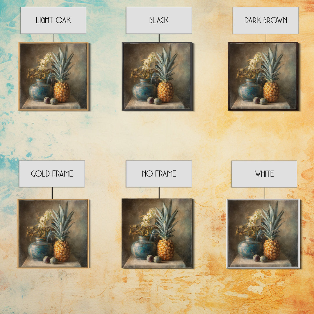 Pineapple and Palm Still Life Framed Canvas Print, Tropical Art, Statement Artwork, Living Room Decor, Fine Art, Tropic, TRO-1x1-78