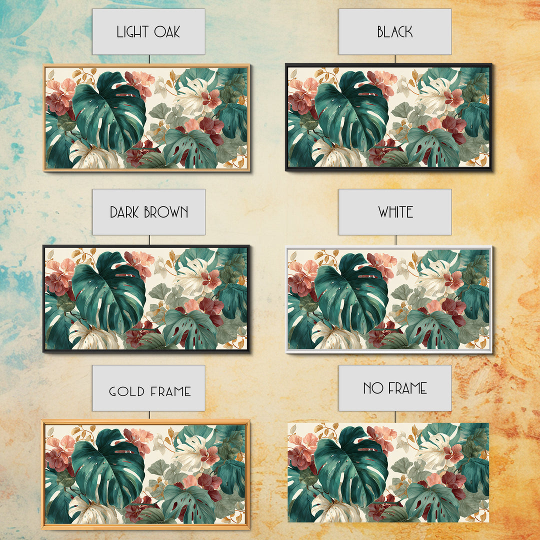 Lush Monstera Leaves Framed Canvas Print, Tropical Art, Pink Wall Art, Living Room Decor, Fine Art, Tropic, Coastal Art, TRO-2x1-45